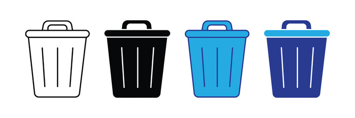 Set of four trash can icons in different styles and colors: outline, black, blue, and dark blue, representing waste disposal and recycling concepts.