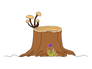 Abstract Felled tree, stump with mushrooms, flowers, grass, continuous single one line art hand drawing sketch logo on white background