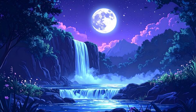 Serene nighttime scene of a waterfall cascading into a pool under a bright full moon, with lush trees and mountains
