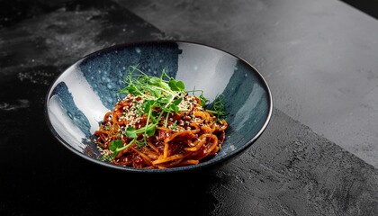 Bowl of noodle dish with sesame and sprouts rests there. Perfect for food blogs, asian cuisine menus, and social media posts.