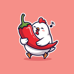 Cute chicken eating spicy chili cartoon vector icon illustration animal food icon concept isolated