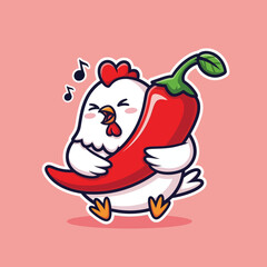 Cute chicken eating spicy chili cartoon vector icon illustration animal food icon concept isolated