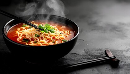Bowl of delicious steaming ramen noodles waits with chopsticks and stand. Perfect for food blogs or menus, this image features a tempting bowl of hot ramen noodles, chopsticks, and a stand.