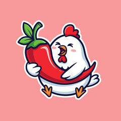 Cute chicken eating spicy chili cartoon vector icon illustration animal food icon concept isolated
