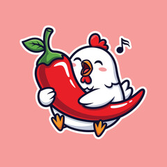 Cute chicken eating spicy chili cartoon vector icon illustration animal food icon concept isolated