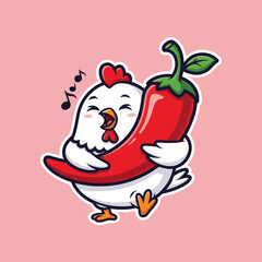 Cute chicken eating spicy chili cartoon vector icon illustration animal food icon concept isolated