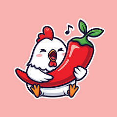 Cute chicken eating spicy chili cartoon vector icon illustration animal food icon concept isolated