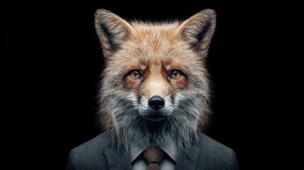 Obraz premium A fox in a suit, a surreal portrait against a black background