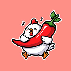 Cute chicken eating spicy chili cartoon vector icon illustration animal food icon concept isolated