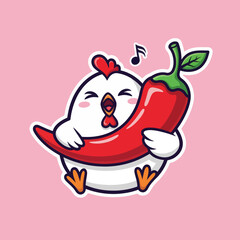 Cute chicken eating spicy chili cartoon vector icon illustration animal food icon concept isolated