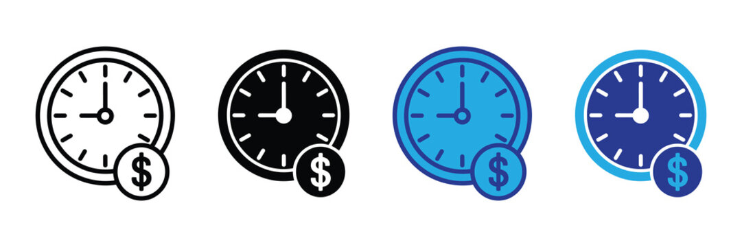 Time is money icon collection: analog clocks with dollar sign representing financial concepts and business time management strategies