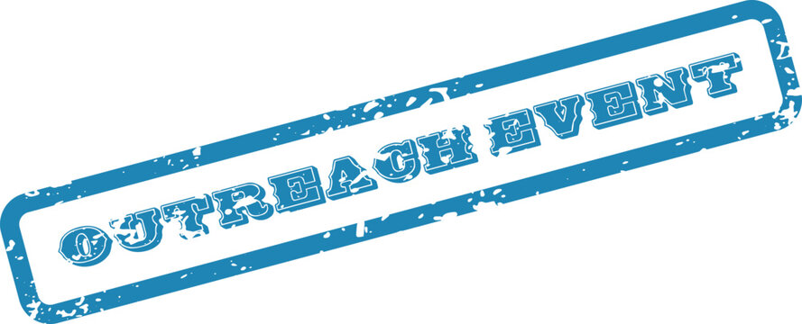 Distressed blue stamp illustration with the words outreach event on white backdrop
