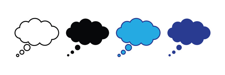 Fototapeta premium Four distinct thought bubble icons: blank, black, blue, and dark blue, representing ideas, communication, and imagination.