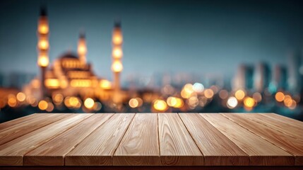 Wooden table with blurred mosque background at night, perfect for product placement