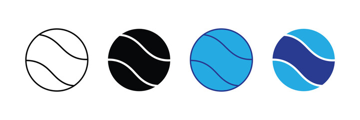 Fototapeta premium Collection of four stylized tennis ball icons showing different styles: outline, solid black, light blue, and dark blue with light blue accents.