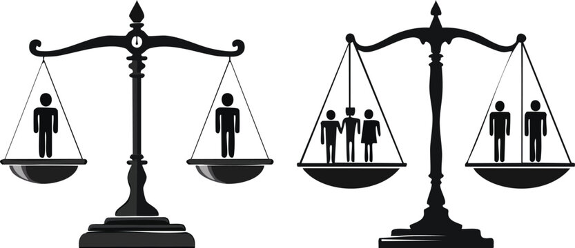 Balanced equality scale merging with people silhouette representing fairness justice and inclusive social value concepts