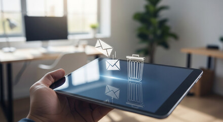 Hand using tablet to delete emails, glowing message and trash icons, symbolizing efficient digital communication, data cleanup, and secure info disposal.