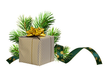 Wrapped in festive paper gift box with golden paper bow with Cristmas tree twigs and a holiday...