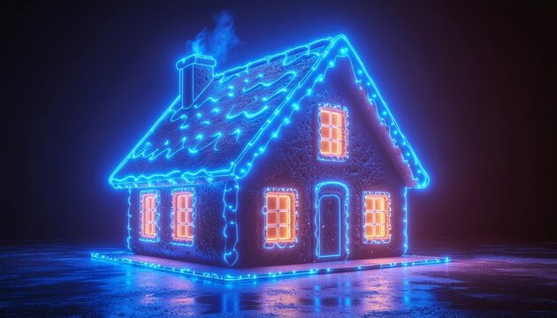 Digital Winter Home with Blue Neon Glow