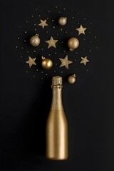 Gold Champagne Bottle with Festive Baubles and Stars on Dark Background – New Year Celebration Flat Lay
