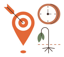 Arrow hitting the bullseye in a location pin, clock, and wilting plant portraying time, goals, and challenges. Ideal for productivity, deadlines, motivation, prioritization resilience planning