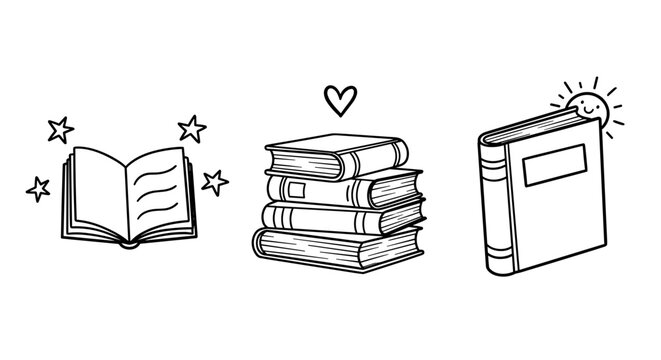Charming book-themed illustrations featuring an open book, stacked books, and a heart