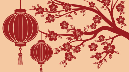 Decorative red setting with lanterns, flowering plum branches, and figurine, festive ambiance, detailed elements, elegant and vibrant celebration style.