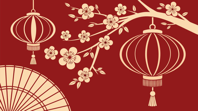 Decorative red festive scene with lanterns, plum blossoms, and figurine, vibrant colors, detailed elements, elegant holiday cultural theme.