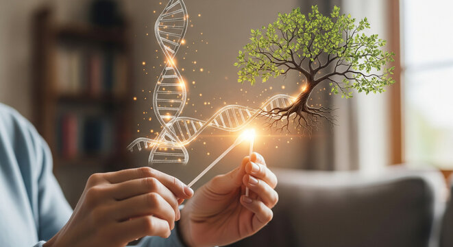 Luminous connection: human hands link glowing dna helix to vibrant green tree, symbolizing genetic science, nature's growth, evolution, and sustainability of life.