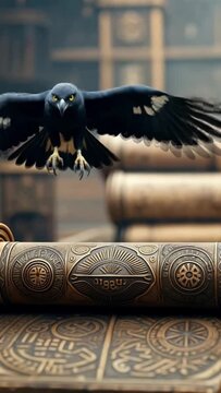 Elegant Black Bird Perched on Ancient Scroll with Intricate Patterns and Textures Background