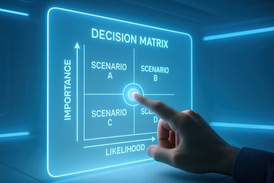 Hand interacting with a digital decision matrix showcasing scenarios based on importance and likelihood. Concept of data analysis, strategic planning, and decision-making technology.
