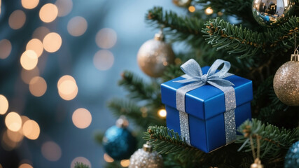 Obraz premium Blue gift box on Christmas tree with bokeh background