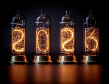 Nixie tubes glow, displaying "2026