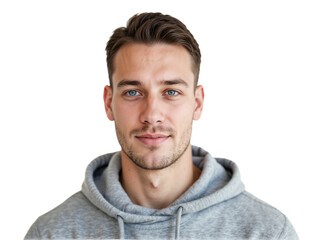 Obraz premium Young man with blue eyes wearing a gray hoodie smiles confidently against a plain background in a casual setting