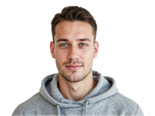 Young man with blue eyes wearing a gray hoodie smiles confidently against a plain background in a casual setting