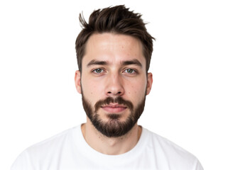 Obraz premium Young man with beard and short hair poses against a plain background, showcasing a serious expression and blue eyes