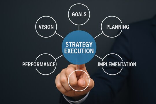Business professional interacting with strategic planning diagram, emphasizing strategy execution, goals, and performance management for effective organizational results.