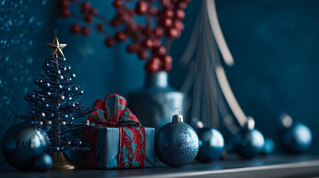 A minimalist blue-themed festive setting with a modern tree silhouette, shiny metallic baubles, and a present decorated with red and green ribbon, creating a refined and cheerful seasonal atmosphere 