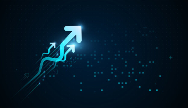 This digital-style upward arrow glows brightly as it rises, illustrating momentum, strategy, and technological progress. The upward movement Arrows the digital world.