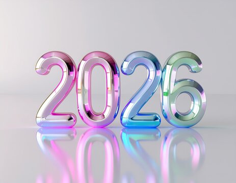 Iridescent '2026' inflated numerals on shiny surface
