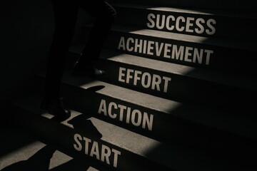 Business professional ascending stairs labeled with inspirational words, symbolizing the journey of success, achievement, and personal growth through determination and action.