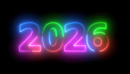 Neon year "2026" glows in pink, blue, green, and red