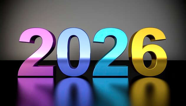 Colorful 2026 numerals displayed on a glossy surface