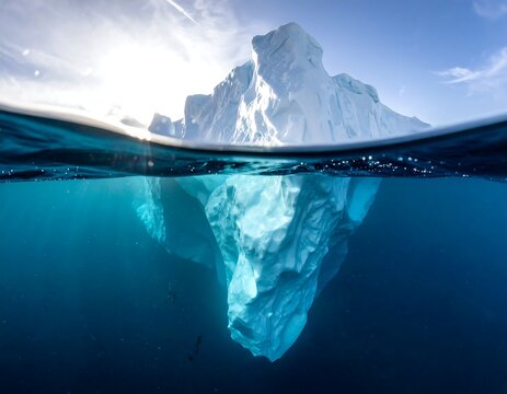 Dramatic split-level view of a towering iceberg above and below the surface