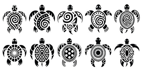 Tribal Turtle Tattoo Set Vector Illustration Featuring Ornate Maori-Inspired Designs, Black Reptile Motifs, Decorative Sacred Patterns, and Detailed Totem-Style Elements Created for Cultural Art Graph