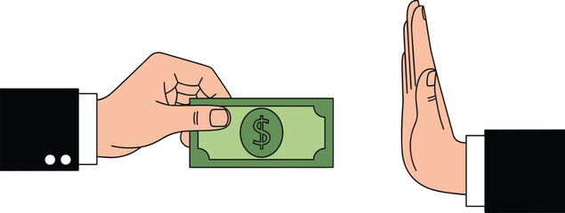 PrintBusiness hand offering money being rejected with stop gesture symbolizing refusal of bribery corruption prevention ethical decision and financial integrity concept illustration