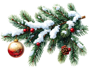 Christmas tree branch with snow ornaments and pine cone isolated on transparent background