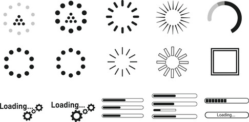 Collection of loading icons, progress bar indicators, buffering symbols, spinner graphics, user interface elements for web design and digital application development