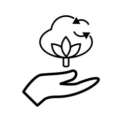 Eco Sustainability and Recycling Icon  Outlined icon of a hand holding a plant with recycle arrows around it, symbolizing environmental sustainability, renewable resources, and ecological responsibili