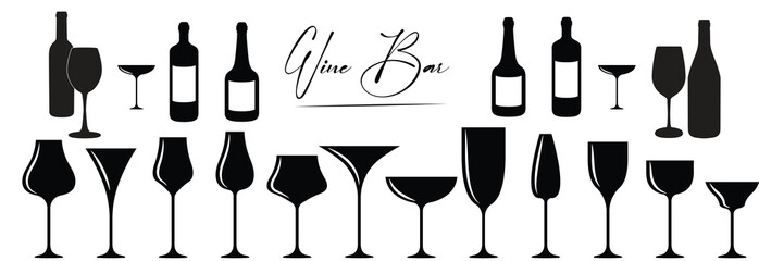 Handdrawn Wine Glass and wine bottle set